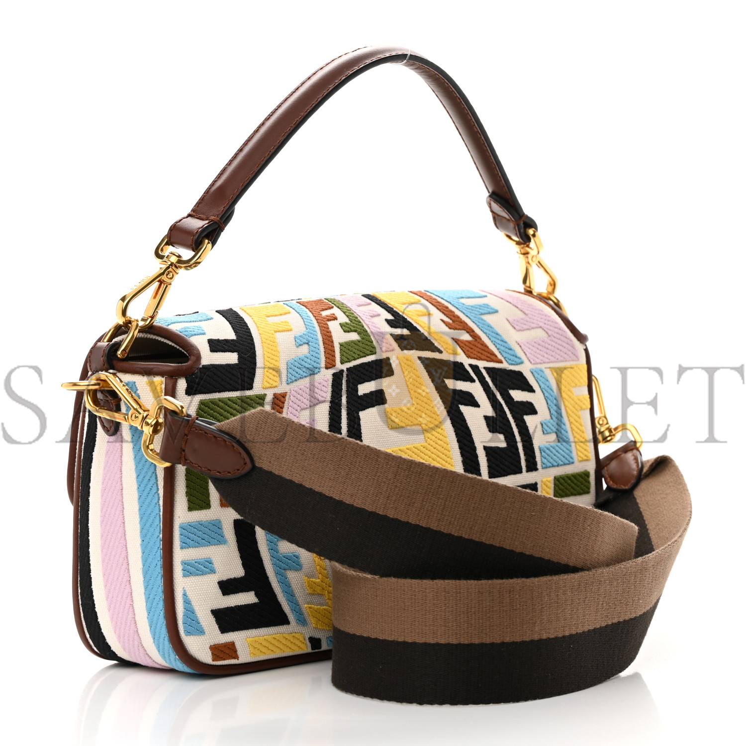 FENDI X SARA COLEMAN CANVAS VITELLO KING SETA FF FISH EYE EMBROIDERED BAGUETTE GREZZO MULTICOLOR GHIANDA (28*15*6cm)