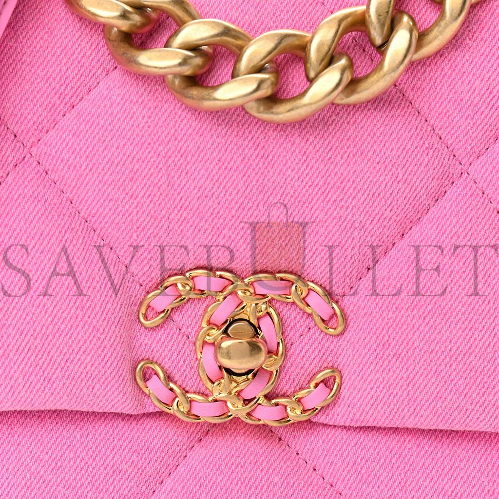 CHANEL DENIM QUILTED LARGE CHANEL 19 FLAP NEON PINK GOLD HARDWARE (30*20*10cm)