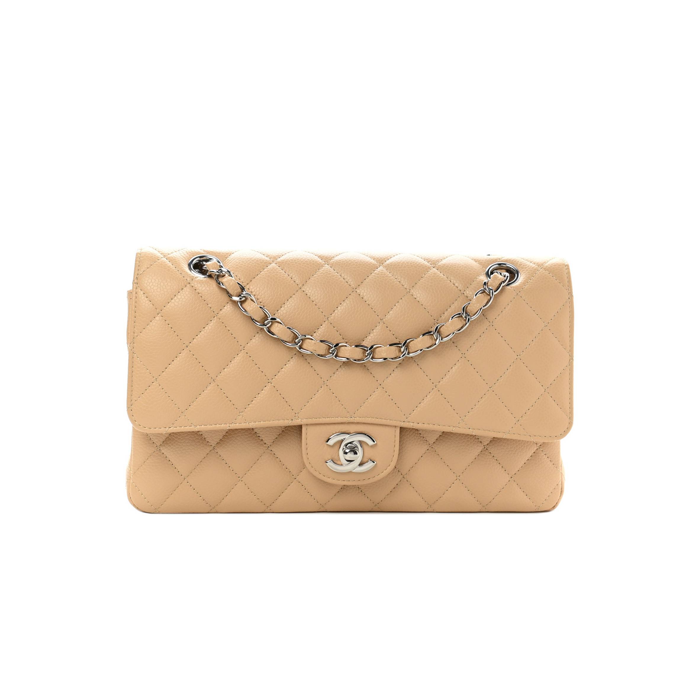 CHANEL CAVIAR QUILTED MEDIUM DOUBLE FLAP BEIGE CLAIR SILVER HARDWARE (25*15*7cm)