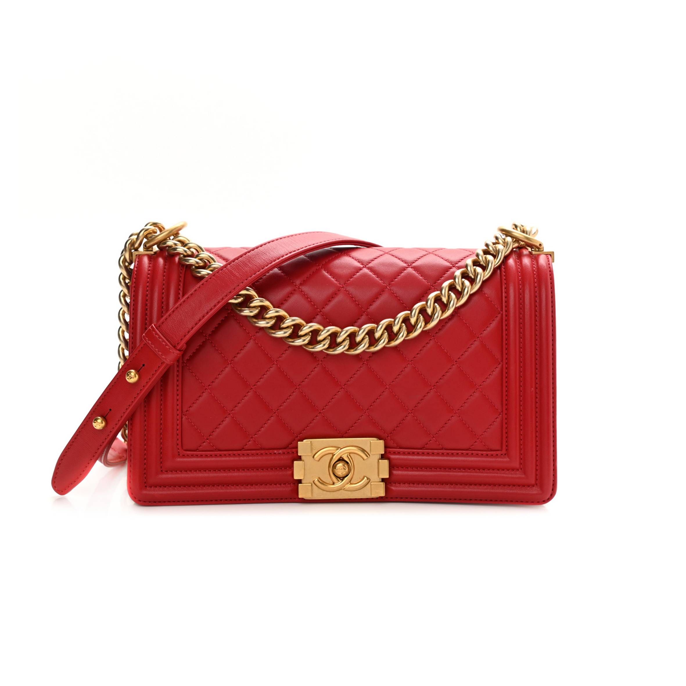 CHANEL LAMBSKIN QUILTED MEDIUM BOY FLAP RED GOLD HARDWARE (25*15*8cm)