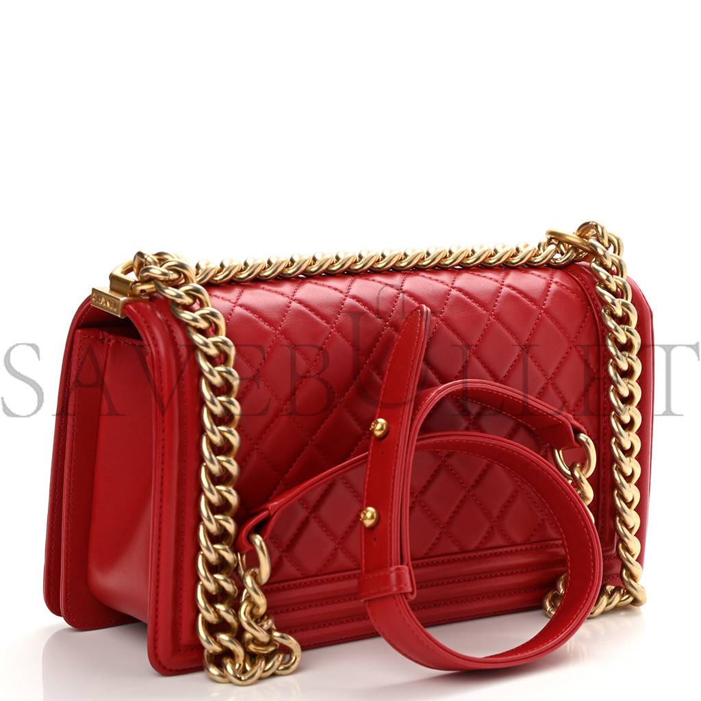 CHANEL LAMBSKIN QUILTED MEDIUM BOY FLAP RED GOLD HARDWARE (25*15*8cm)