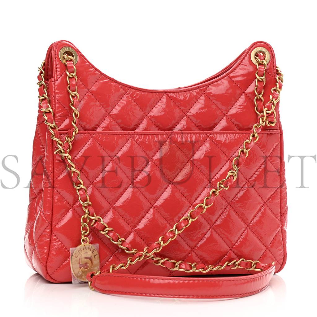 CHANEL SHINY CRUMPLED CALFSKIN QUILTED SMALL HOBO RED GOLD HARDWARE (22*17*7cm)