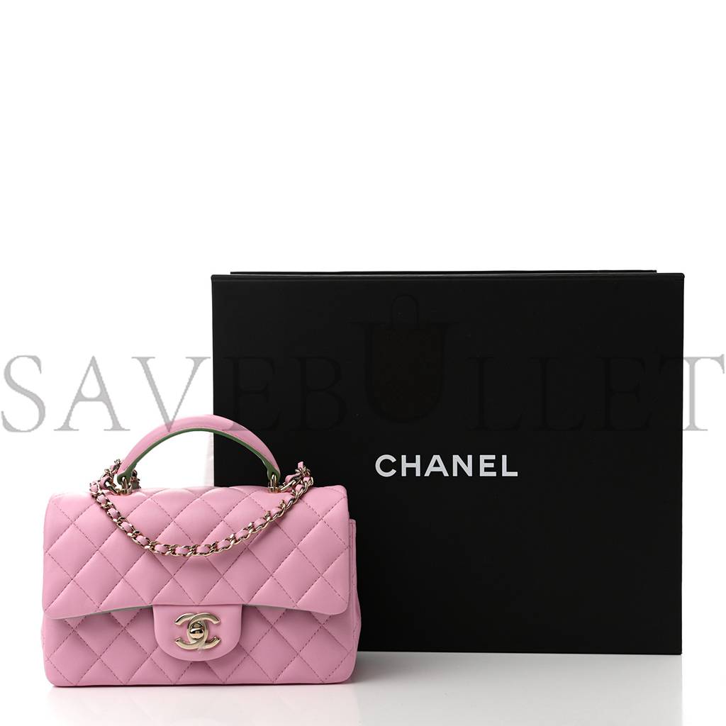 CHANEL LAMBSKIN QUILTED MINI TOP HANDLE RECTANGULAR FLAP LILAC LIGHT GREEN ROSE GOLD HARDWARE (20*12*6cm)