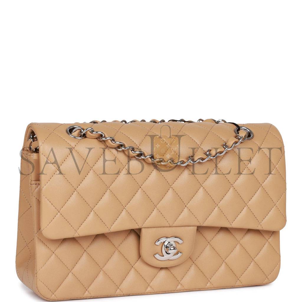 CHANEL MEDIUM CLASSIC DOUBLE FLAP BAG BEIGE LAMBSKIN SILVER HARDWARE (25*15*7cm)