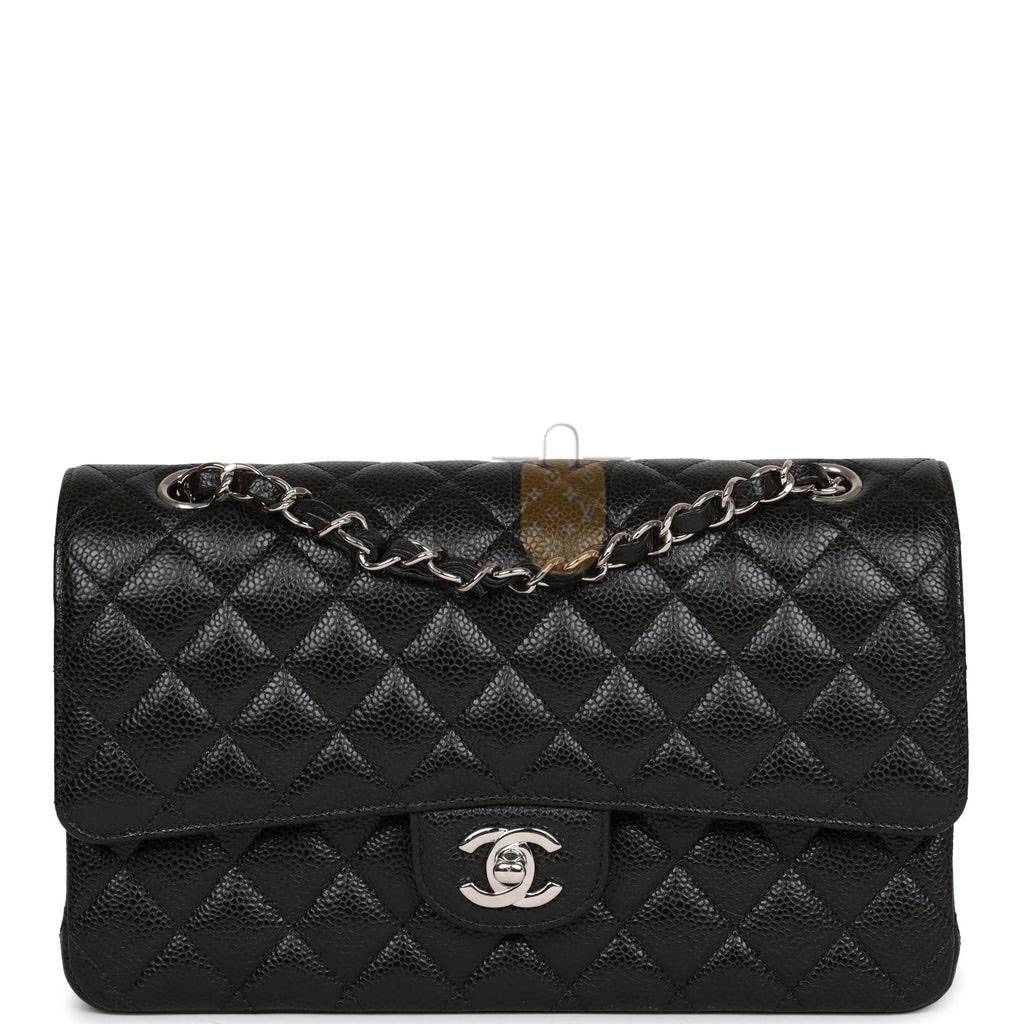 CHANEL MEDIUM CLASSIC DOUBLE FLAP BAG BLACK QUILTED CAVIAR SILVER HARDWARE (25*15*7cm)