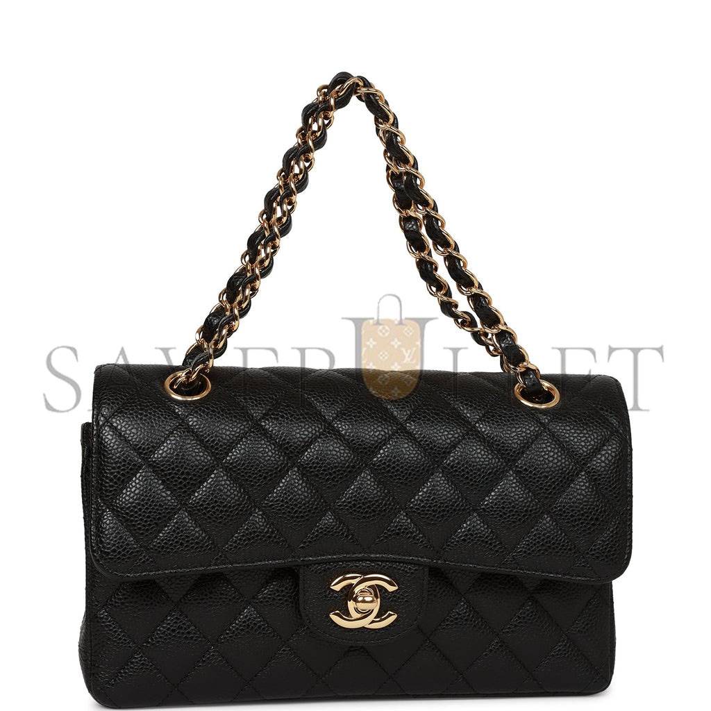 CHANEL SMALL CLASSIC DOUBLE FLAP BAG BLACK CAVIAR GOLD HARDWARE (23*15*6cm)