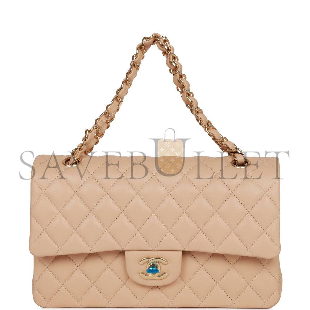 CHANEL MEDIUM CLASSIC DOUBLE FLAP BAG BEIGE LAMBSKIN LIGHT GOLD HARDWARE (25*15*7cm)