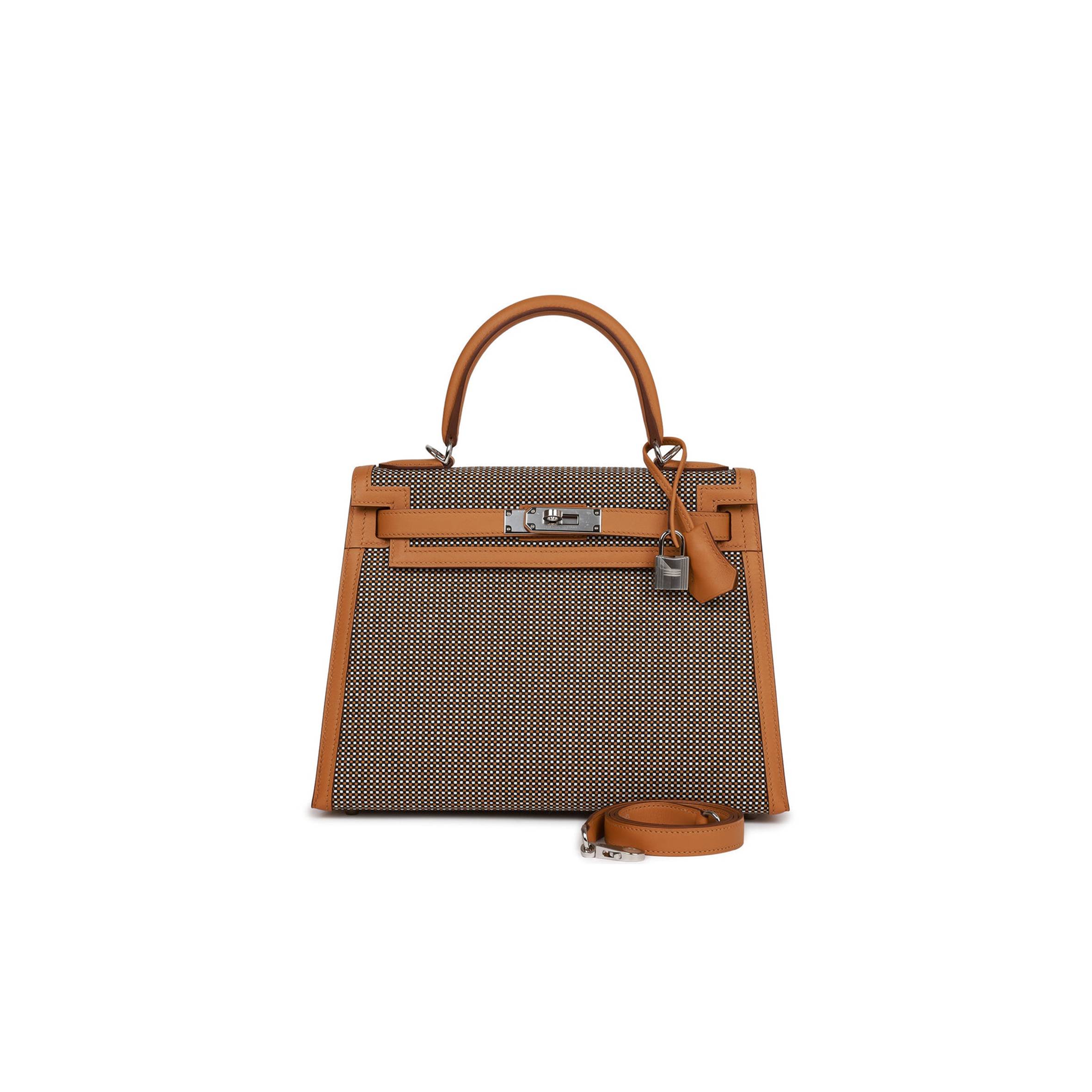 HERMES QUADRILLE KELLY SELLIER 28 SESAME TOILE AND SWIFT PALLADIUM HARDWARE (28*21*12cm)