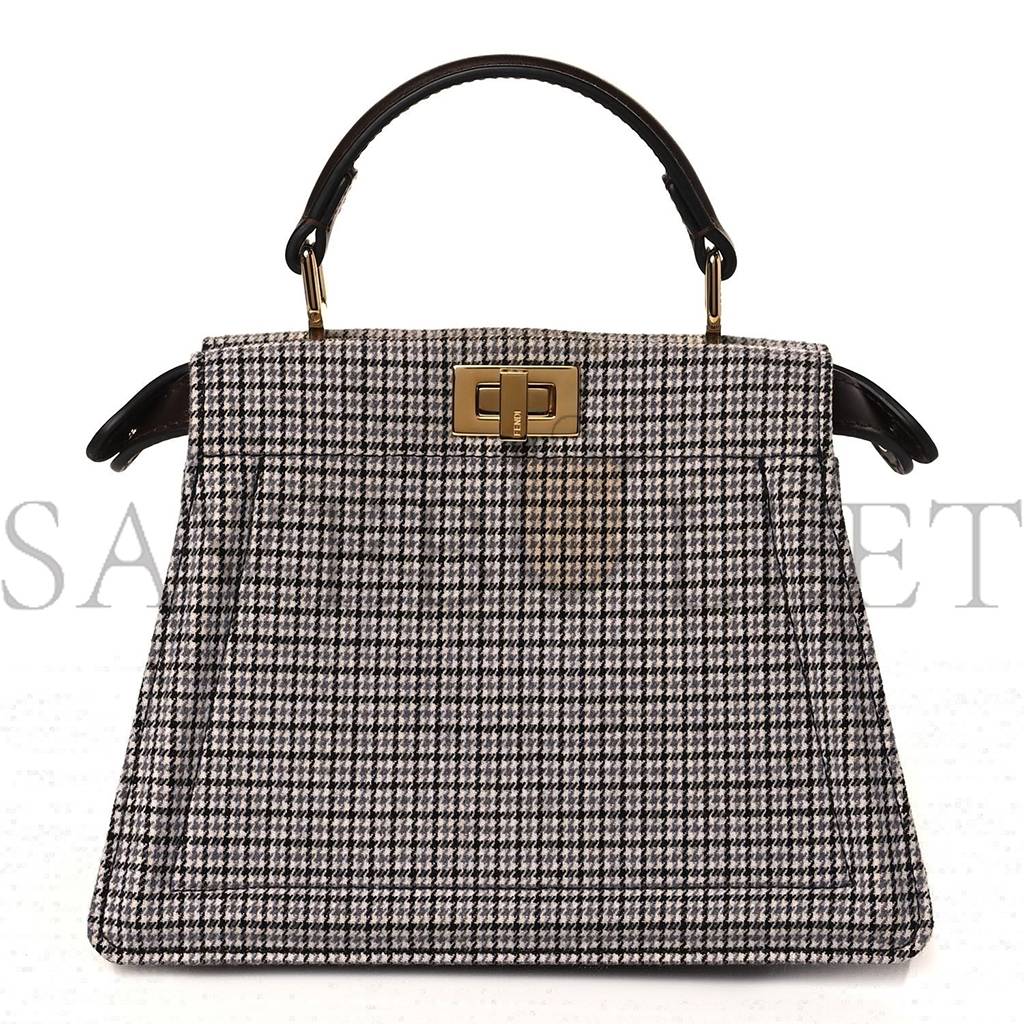 FENDI WOOL FABRIC JACQUARD CUOIO HOUNDSTOOTH FF 1974 PETITE PEEKABOO I SEE U SATCHEL GREY BLACK (20*15*11cm)