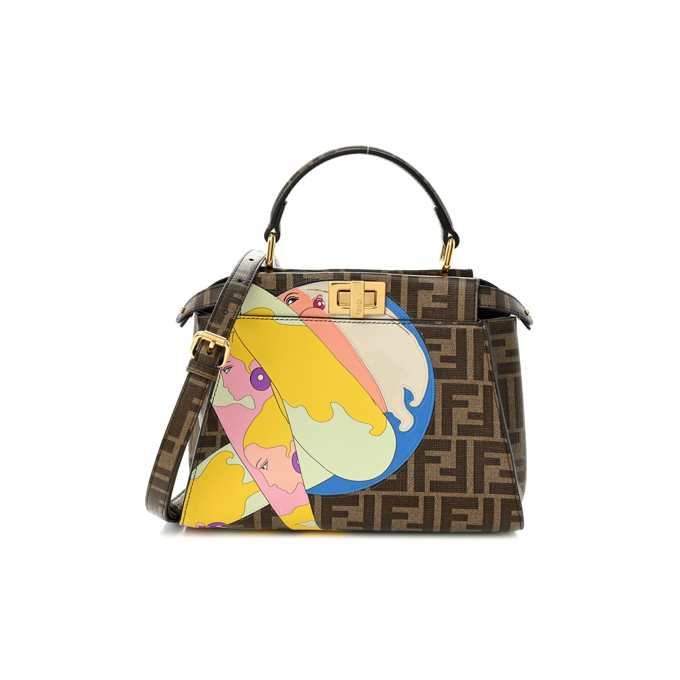 FENDI GLAZED FABRIC VITELLO FF 1974 HAIRDO GIRLS INLAY MINI PEEKABOO ICONIC SATCHEL MOGANO PANNA MULTICOLOR (23*18*13cm)