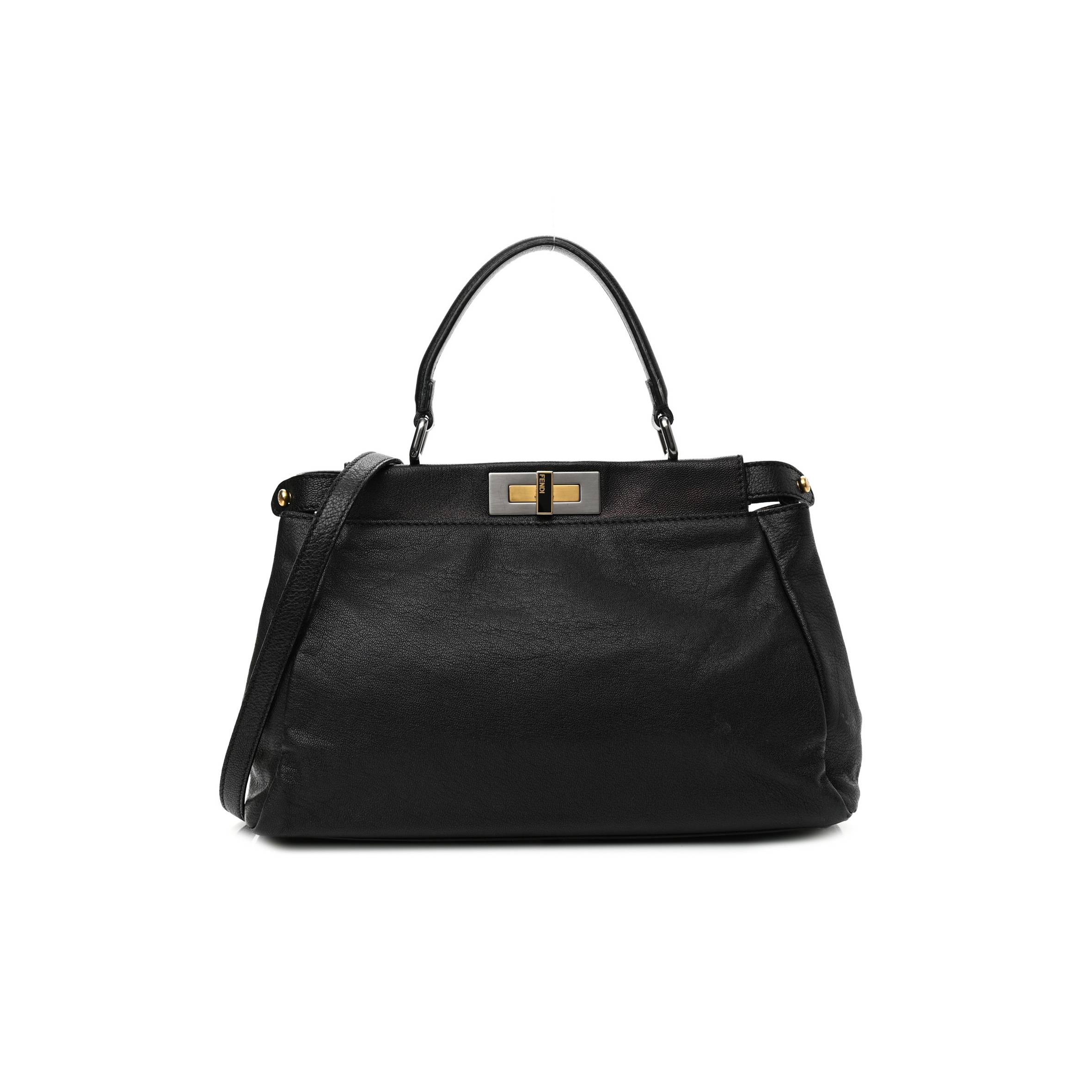 FENDI GOATSKIN ZUCCA MEDIUM PEEKABOO ICONIC SATCHEL BLACK TOBACCO (34*22*11cm)